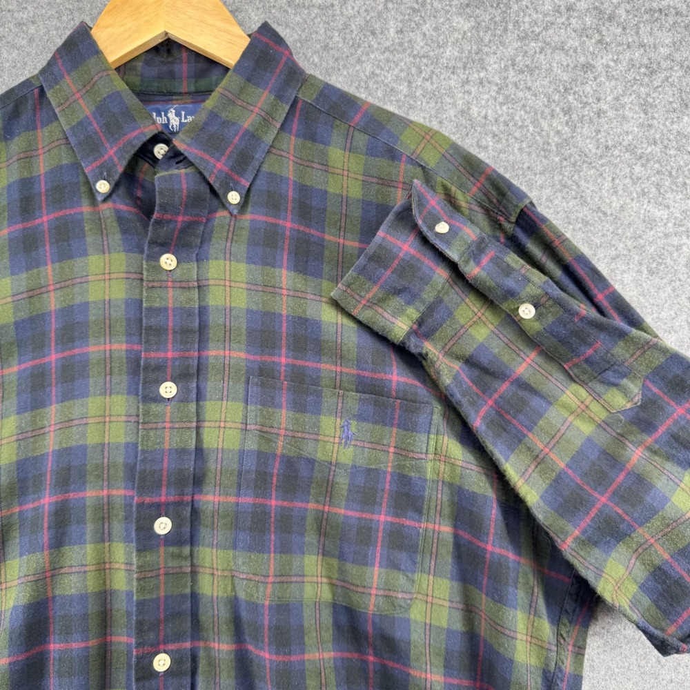 Ralph Lauren Blaire Flannel Shirt Mens Medium Green Plaid Button Down Cotton